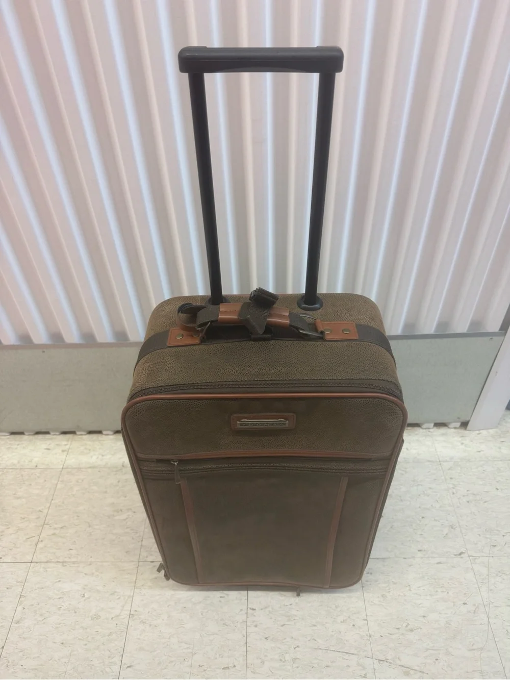 Brown Rolling Carry-On Suitcase with Leather Trim